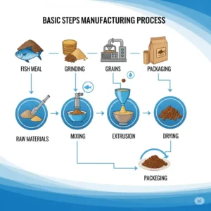 A simplified flowchart or illustration showcasing the basic steps involved in the manufacturing of fish food pellets