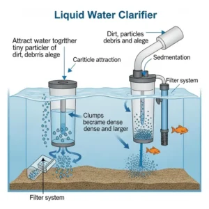 Diagram explaining the mechanism of a liquid water clarifier, showing how it clumps particles for easy removal in a fish tank.
