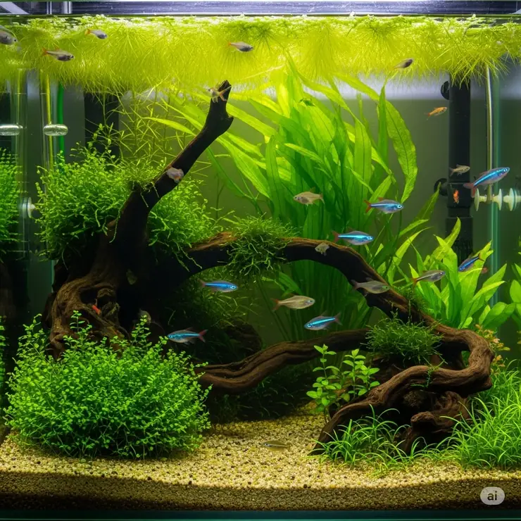 A thriving freshwater aquarium showcasing healthy fish and plants, subtly highlighting the overall balanced ecosystem of a hydra fish tank.