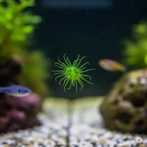 A magnified view of a small green hydra polyp with tentacles, demonstrating its presence in an aquarium, relevant to hydra fish tank challenges.