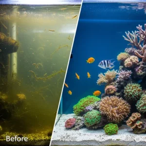 A split image showing an aquarium before and after successful hydra treatment, highlighting the positive impact on a hydra fish tank environment.