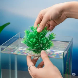 Hand gently placing a silk plant into a fish tank, demonstrating easy setup for artificial aquarium landscaping.