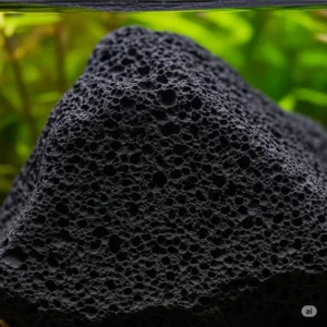 Detailed close-up of the porous, dark texture of a lava rock, ideal for use in a fish aquarium to promote beneficial bacteria growth.