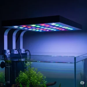 Close-up of modern LED fish tank lights emitting a full spectrum, specifically designed to promote healthy growth in aquatic plants.