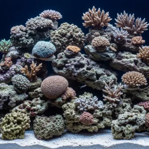 Assortment of porous live rock types, ideal for aquascaping and providing attachment points for coral in a fish tank.