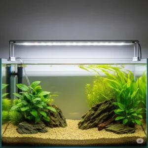 A simple, low-maintenance planted aquarium illuminated by an appropriate fish tank light, demonstrating effective lighting for less demanding aquatic plants.
