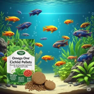 Illustration showcasing Omega One Cichlid Pellets, formulated to provide essential nutrients for the health and vitality of cichlids