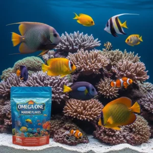 Visual of Omega One Marine Flakes, a premium diet for saltwater fish, promoting strong immunity and vibrant coloration