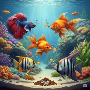 Graphic illustrating the natural, high-quality ingredients found in Omega One fish food, such as fresh seafood and kelp