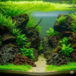 A lush, planted fish aquarium where aquatic plants are anchored and thrive among the volcanic lava rocks, creating a natural underwater landscape.