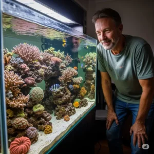 A beautifully planted rocky fish tank, featuring lush aquatic plants integrated with natural rock formations for a harmonious look.