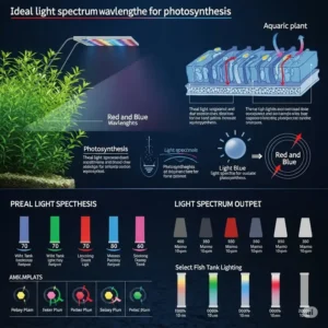 An infographic illustrating the ideal light spectrum wavelengths (red and blue) necessary for photosynthesis in aquatic plants, achievable with proper fish tank lighting.