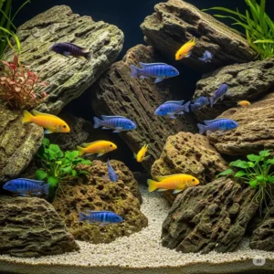 A group of colorful Mbuna cichlids, ideal for a rocky fish tank setup, highlighting their natural habitat.