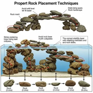 Diagram illustrating proper rock placement techniques for a stable and safe rocky fish tank, providing essential hiding spots for fish.