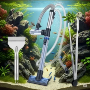 Before and after comparison showcasing the transformation of a dirty rocky fish tank into a clean and thriving aquatic ecosystem.