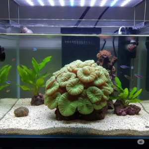 A beautiful green mushroom coral expanding in a beginner-friendly fish tank setup.