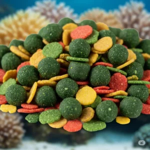  Image showing spirulina-enriched exotic fish food, known for boosting immunity and providing a rich source of vitamins for overall fish health.