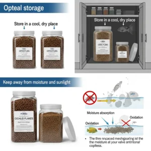 A visual depicting the ideal storage conditions for cichlid fish food, such as airtight containers and cool, dry places, to maintain freshness and nutritional value.