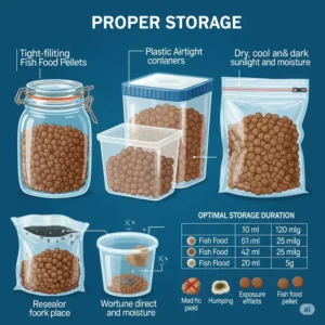 An illustration depicting proper storage methods for fish food pellets, like airtight containers, to maintain freshness and potency.