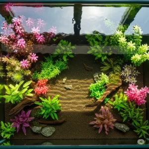 Overhead view of a fish tank showcasing an aesthetically pleasing layout with various silk fish tank plants.