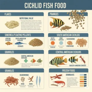 An infographic illustrating various forms of cichlid fish food, including flakes, pellets (sinking and floating), granules, and frozen options, explaining their suitability for different cichlid species.
