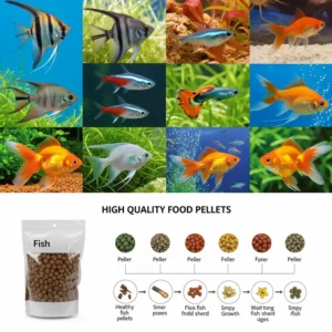 A collage or diagram showing various common aquarium fish species that thrive on a diet of quality food pellets