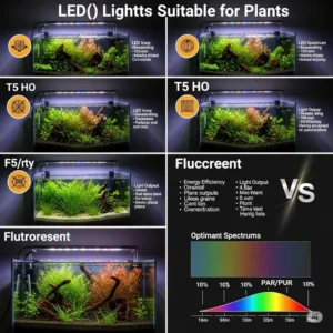 A visual comparison of different types of fish tank lights suitable for plants, such as LED, T5 HO, and fluorescent, with their pros and cons.