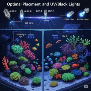 Illustration detailing the proper placement and types of UV or black lights used for a black light fish tank setup.