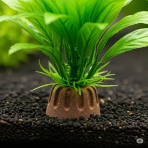 Close-up of the weighted base of a silk fish tank plant, ensuring it stays securely anchored in the aquarium substrate.