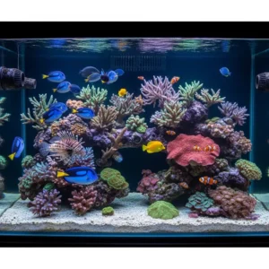 A panoramic view of a meticulously maintained home coral reef fish tank, showcasing a diverse and flourishing array of marine life and colorful coral.