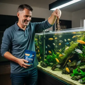 Satisfied fishkeeper feeding premium Xtreme fish food to their pets