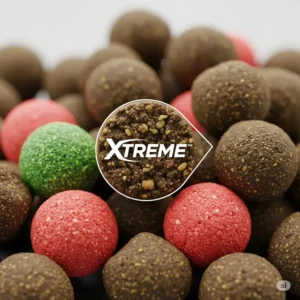 Close-up illustration of nutritious Xtreme fish food pellets