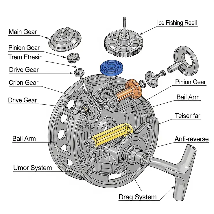 Diagram illustrating the internal anatomy of an ice fishing reel, highlighting the drag system and gear components for smooth operation.