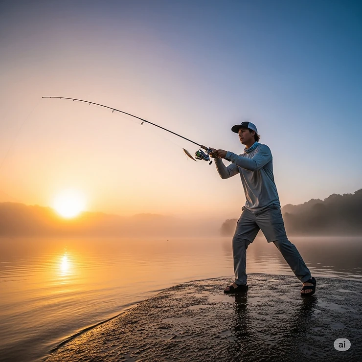 An angler in action, perfectly balanced, casting with a lightweight fishing rod reel combo, illustrating ease of use and performance.