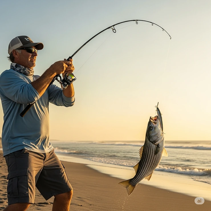 An angler successfully reeling in a fish using a reliable surf fishing rod and reel combo, showcasing its effectiveness in landing catches.