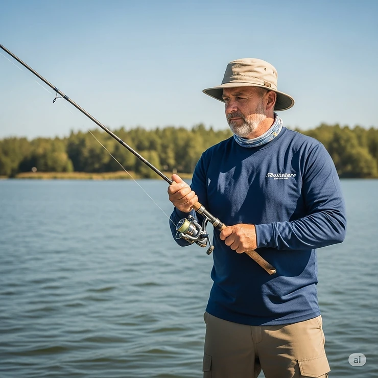 Experienced angler holding a Shakespeare fishing rod and reel combo, demonstrating proper grip and balance for a comfortable fishing experience.