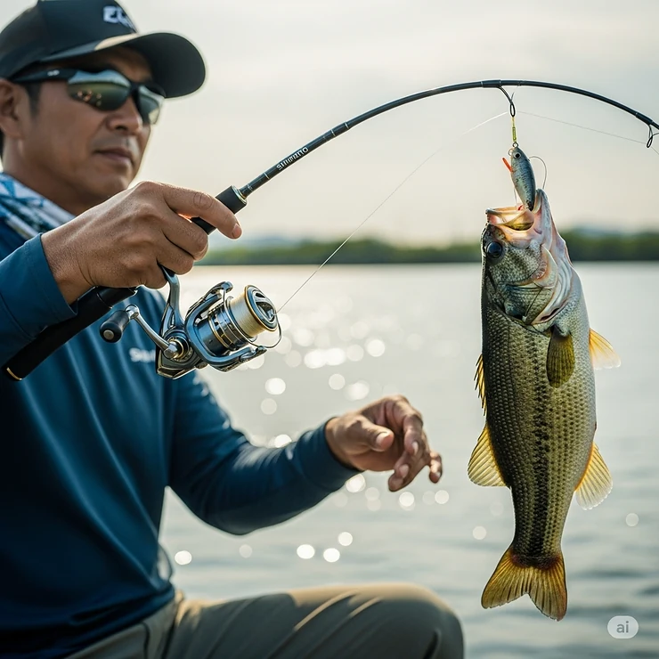 An angler skillfully holding a Shimano fishing rod and reel combo, demonstrating its performance with a fish on the line, emphasizing successful fishing.