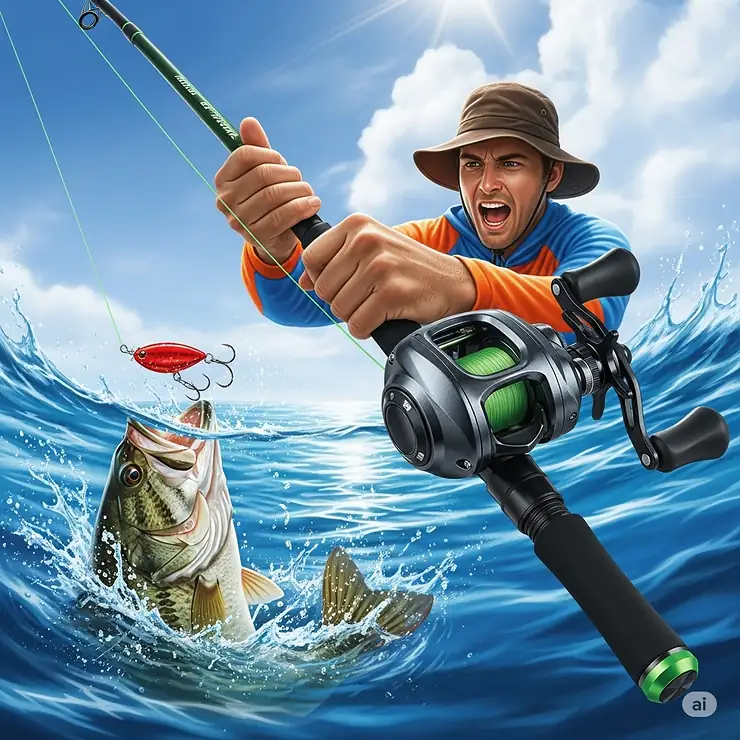 Dynamic illustration of an angler successfully reeling in a fish using a baitcaster fishing rod combo, showcasing the combo in action during a catch.