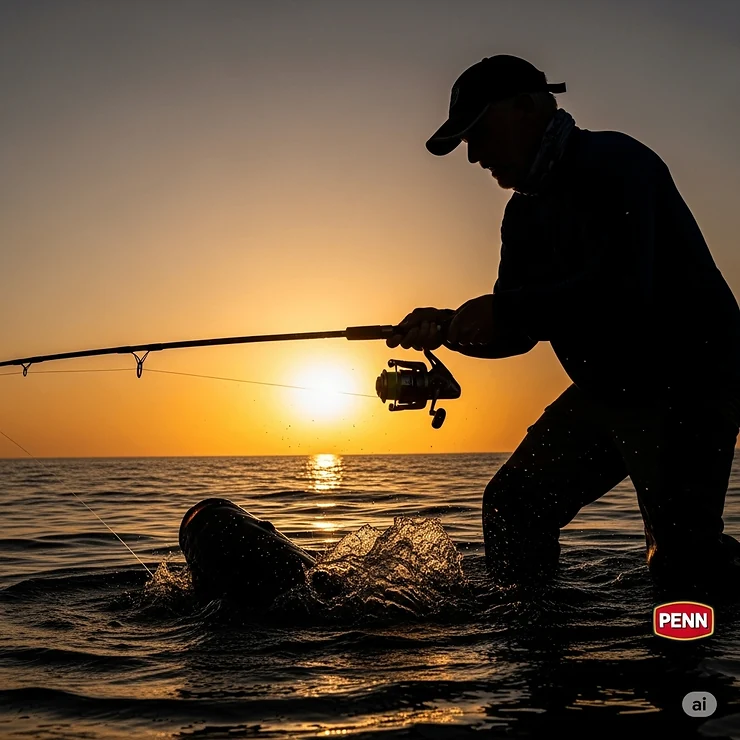 Silhouette of an angler using a Penn rod and reel to fight a large fish, illustrating the power and reliability of the fishing equipment.