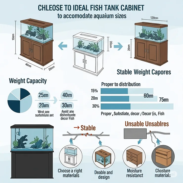 An infographic illustrating the various dimensions and considerations for choosing the right fish tank cabinet to support different aquarium sizes.