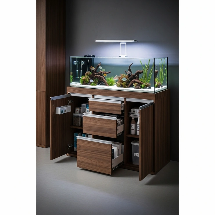 An elegant aquarium cabinet designed with ample storage for fish food, filters, and accessories, blending functionality with aesthetic appeal.