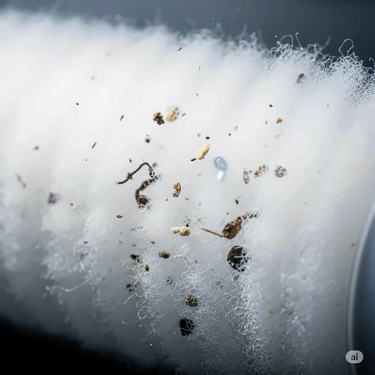 A close-up shot of white, fluffy fish tank filter floss effectively trapping debris in an aquarium filter, highlighting its crucial role in maintaining clear and healthy water.