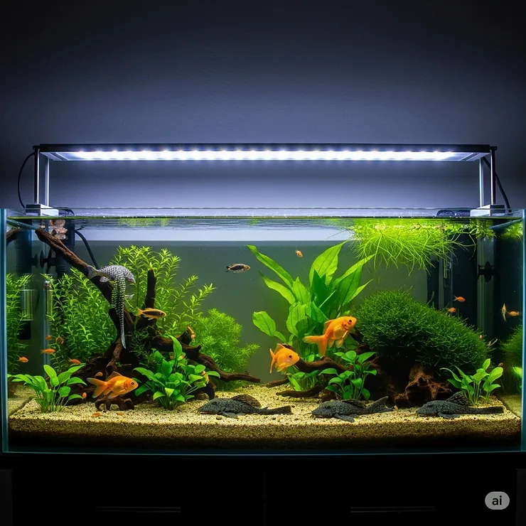 A sleek, modern LED light bar illuminating a vibrant freshwater fish tank, showcasing healthy plants and colorful fish.