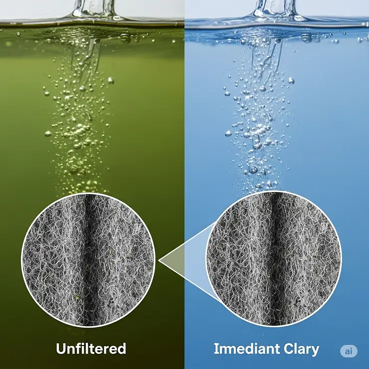 A visual representation of aquarium water samples, one cloudy before filtration and one sparkling after being processed by efficient fish tank filter floss, illustrating its immediate impact.