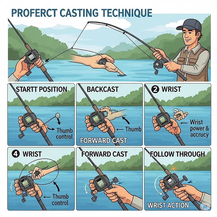 Step-by-step illustration demonstrating the proper casting technique with a baitcaster fishing rod combo, focusing on thumb control and wrist action.