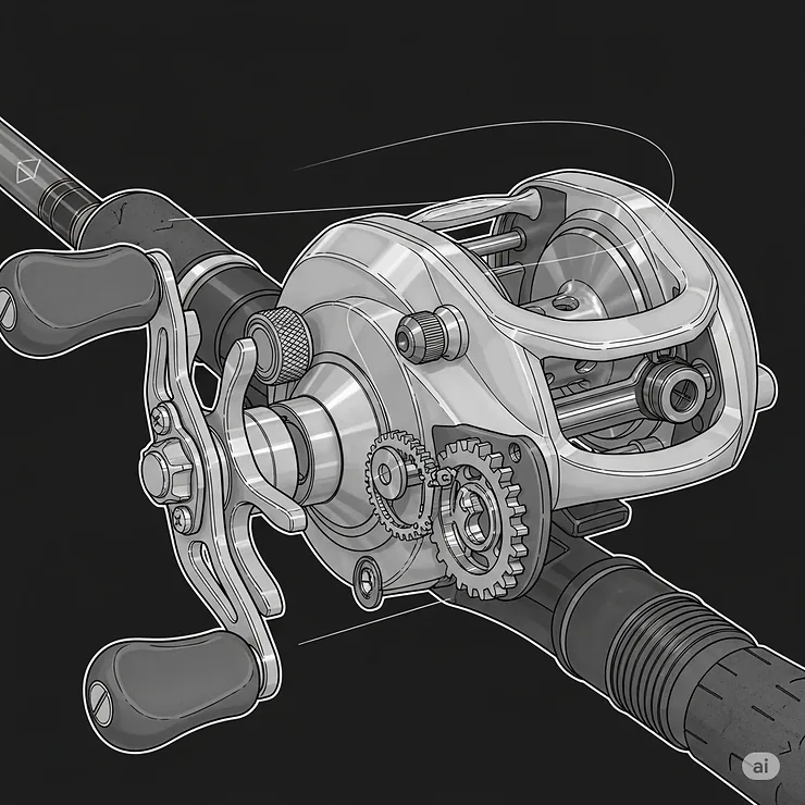 Detailed illustration highlighting essential features of a baitcasting reel, such as the drag system, gear ratio, and spool tension knob, commonly found in a baitcaster combo.