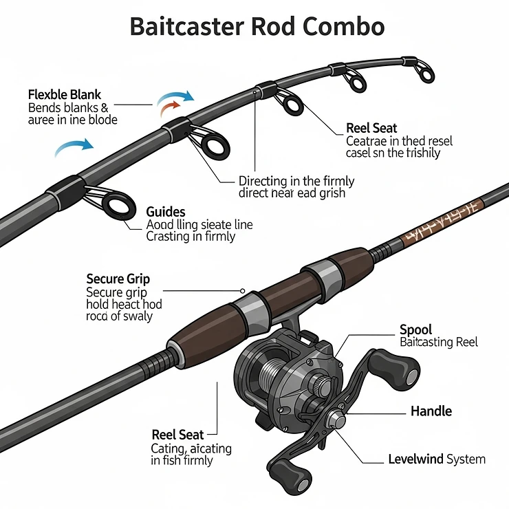Diagram illustrating the key components of a baitcaster fishing rod combo, including the rod blank, guides, reel seat, and baitcasting reel.
