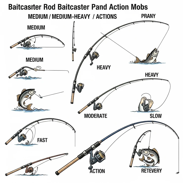 Visual representation comparing different rod powers and actions (e.g., medium-heavy fast, heavy moderate) suitable for various baitcaster fishing rod combos.