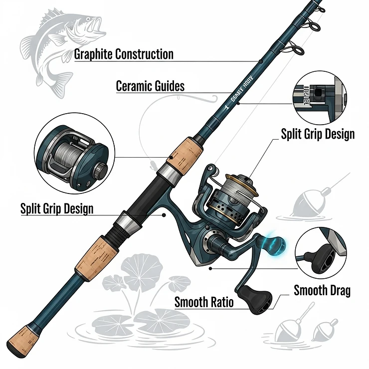 A graphic representation of a versatile spinning rod combo specifically chosen for effective bass fishing in freshwater.