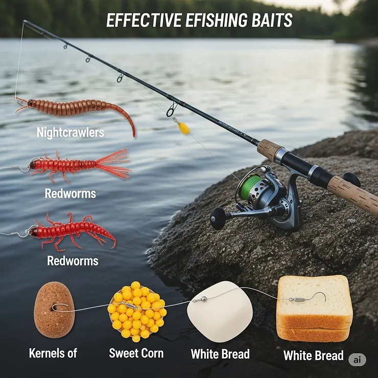 A visual representation of popular and effective baits (e.g., worms, corn, bread) that are easy for beginners to use with their first fishing rod and reel setup.